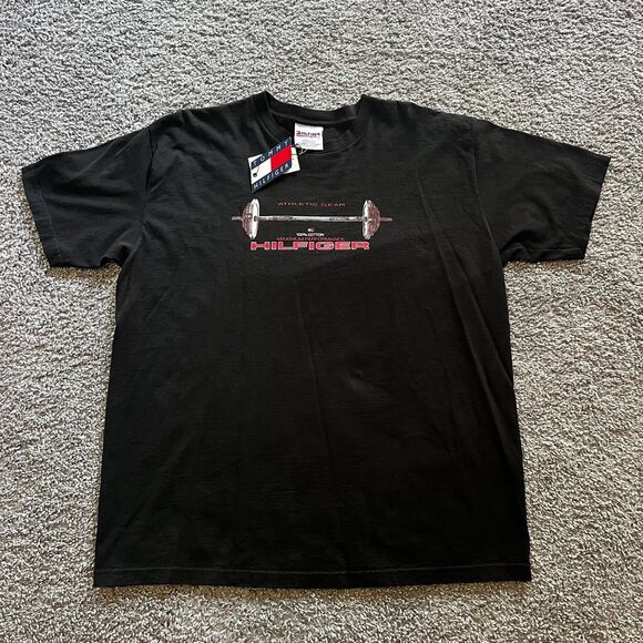 NEW Vintage Y2K Tommy Hilfiger Athletic Gear Barbell T Shirt Black Mens Sz L - Picture 1 of 8